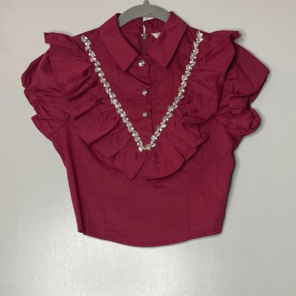 Burgundy Ruffled Neck Shirt With Rhinestones - Picture 3 of 5